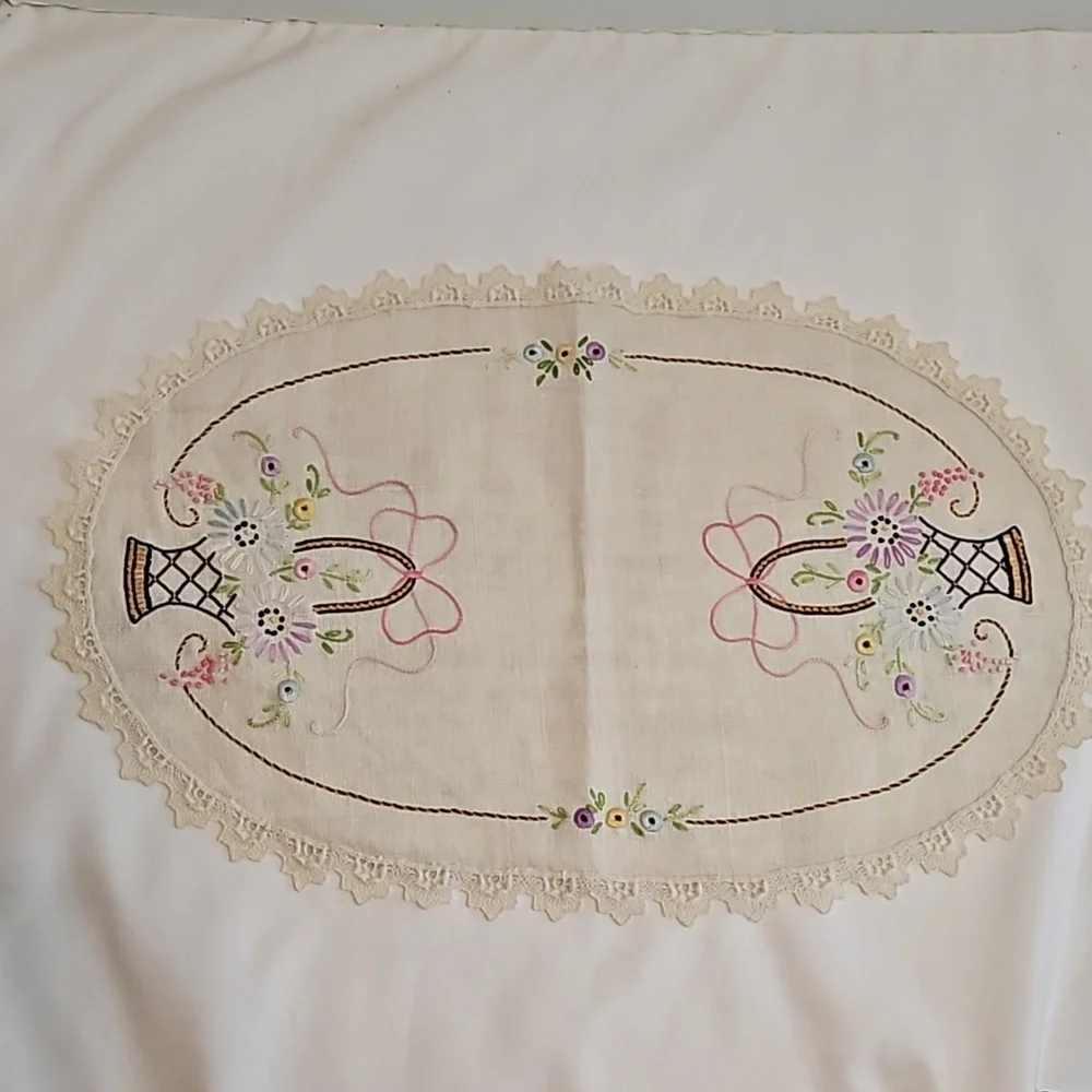 Vintage Hand Stitched Needlepoint Doily Oval Floral